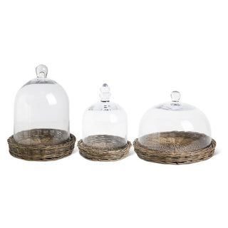 Set of 3 Glass Cloches w/Wicker Trays - Conrad's Gourmet Gifts - product image