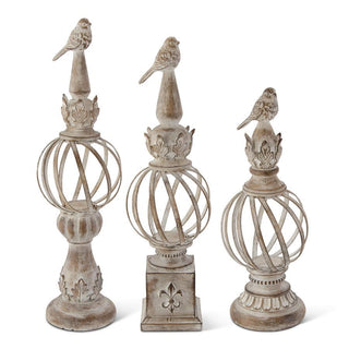 Set of 3 Whitewashed Metal Ball Finials w/Resin Bird - Conrad's Gourmet Gifts - product image