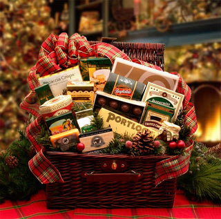 holiday gift basket in wicker hamper with plaid ribbon