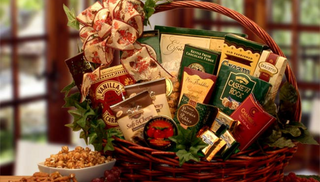 Delicious gourmet gift baskets image block pic with gift basket bow and sweet and savory snacks